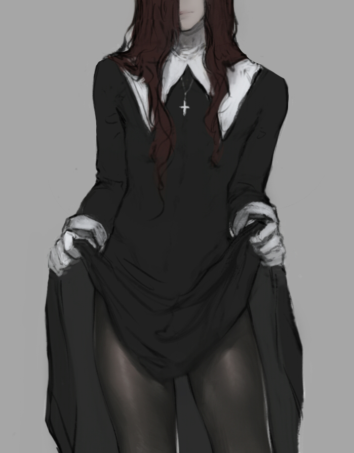 1boy, androgynous, black_dress, closed_mouth, cross, cross_necklace, crossdressing, crossdressing_(mtf)