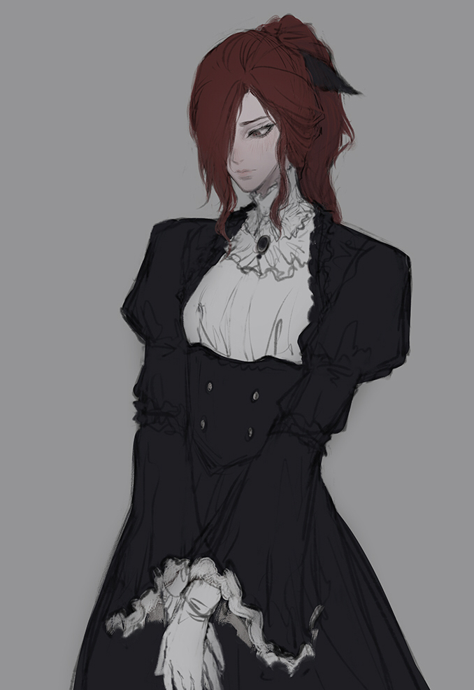1boy, androgynous, ascot, black_dress, blush, corset, crossdressing, crossdressing_(mtf)