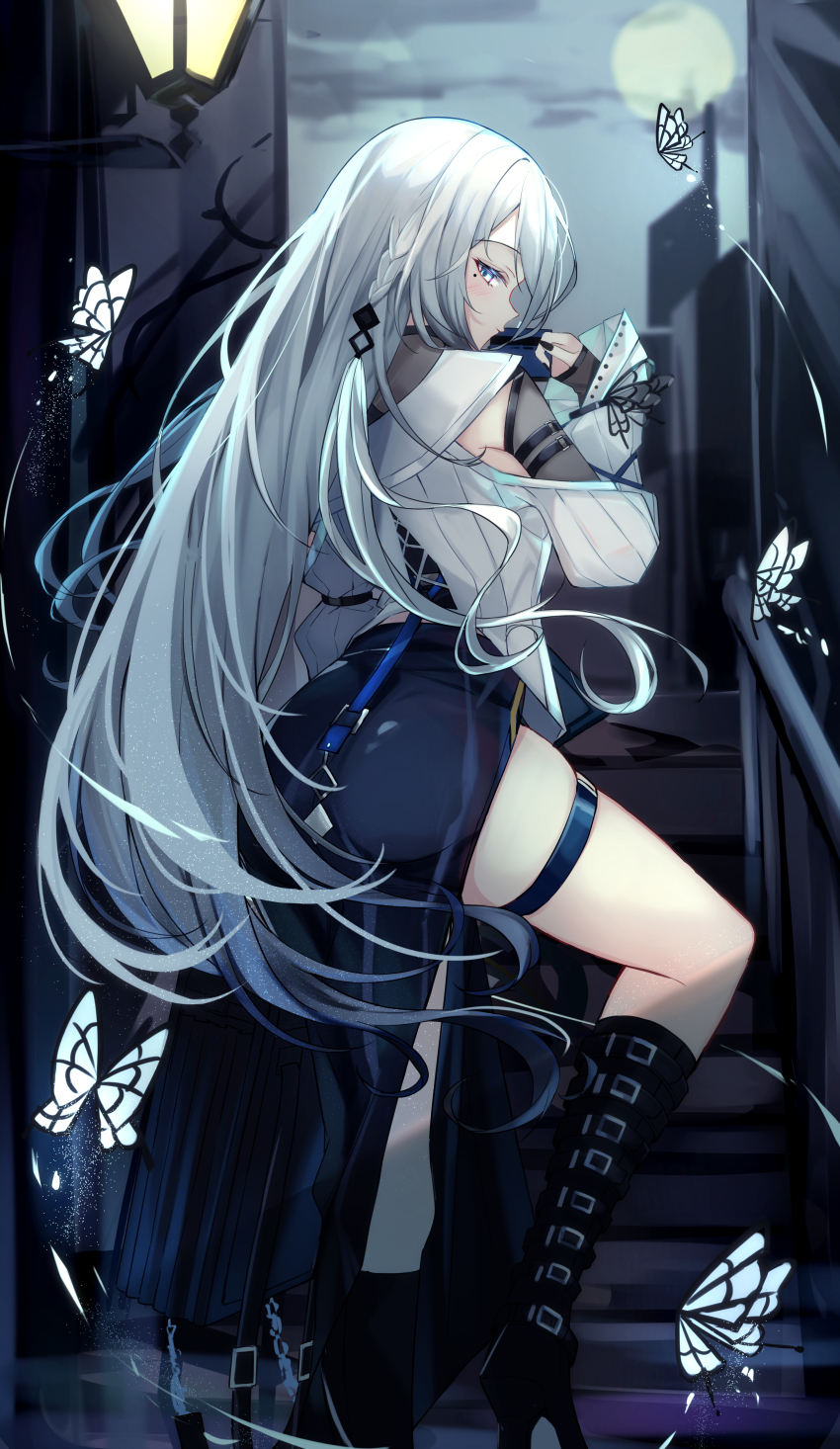 1girl, absurdres, black_boots, black_dress, black_hair, boots, braid, bug