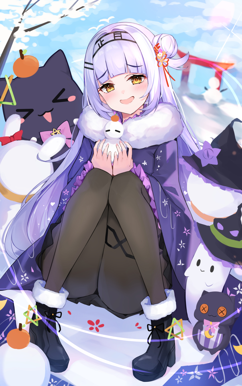 1girl, absurdres, arched_bangs, bare_tree, black_boots, black_pantyhose, black_skirt, blue_sky