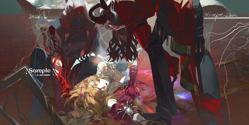 2girls, absurdres, bare_shoulders, black_footwear, black_pants, black_skirt, blonde_hair, blood, blue_shirt, bow-shaped_hair, breasts, brown_hair, bug, check_copyright, chinese_commentary, commentary_request, copyright_request, crack, dated, eyelashes, foot_on_another's_arm, full_body, gloves, hair_over_one_eye, hair_ribbon, hair_rings, highres, indoors, juliet_sleeves, jumpsuit, large_breasts, latex, latex_gloves, leaning_forward, long_sleeves, looking_at_another, lower_teeth_only, lying, mao_huoguo_haitai, miniskirt, mirror, multiple_girls, on_side, open_mouth, original, pants, pencil_skirt, picture_frame, pink_gloves, pool_of_blood, puffy_sleeves, red_eyes, red_jumpsuit, red_ribbon, ribbon, sample_watermark, shirt, shoes, skirt, sleeve_garter, spider, tassel, teeth, twitter_username, watermark, wavy_hair, white_mask, wooden_floor, yellow_eyes