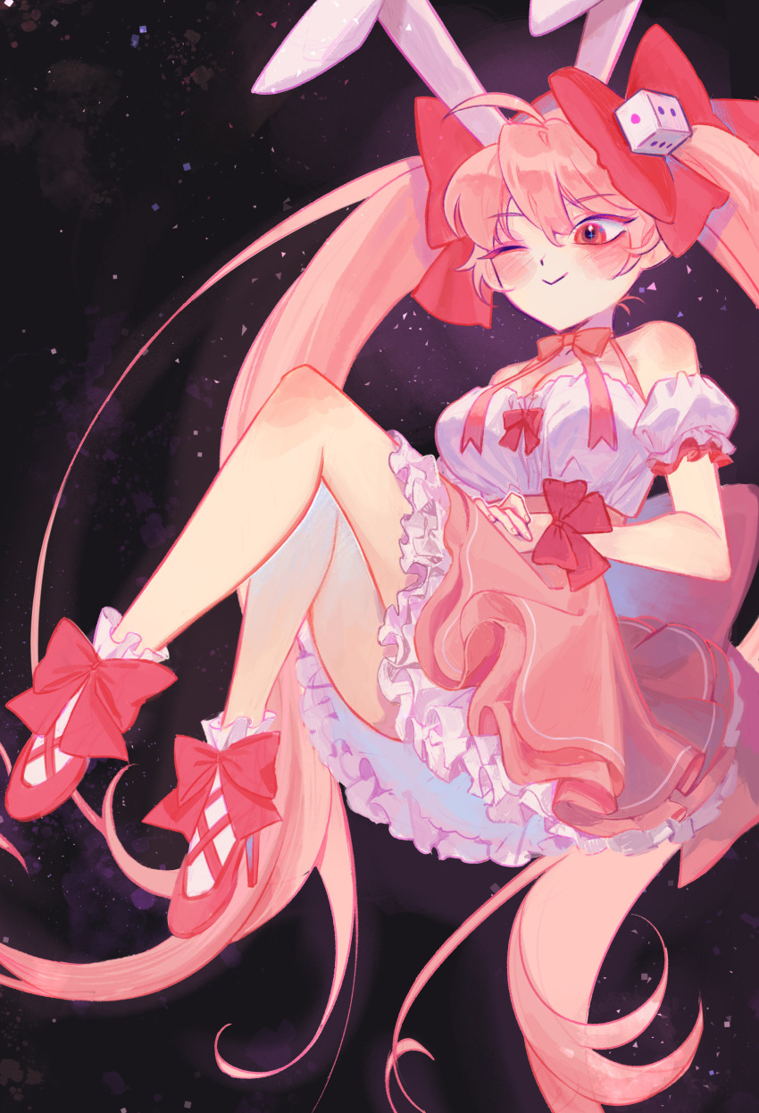 1girl, absurdres, animal_ears, areumcl, bare_shoulders, blush, bow, breasts, choker, cleavage, di_gi_charat, dice, dice_hair_ornament, dress, hair_bow, hair_ornament, highres, large_breasts, long_hair, pink_hair, rabbit_ears, red_eyes, ribbon, smile, solo, twintails, usada_hikaru