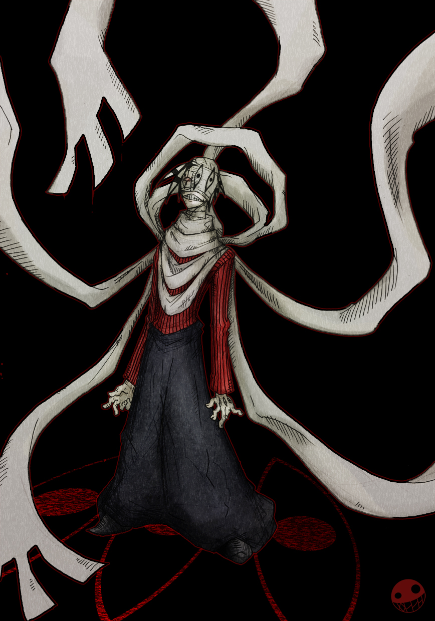 1boy, :<, artist_request, asura_(soul_eater), bandages, black_background, black_hair, clenched_teeth