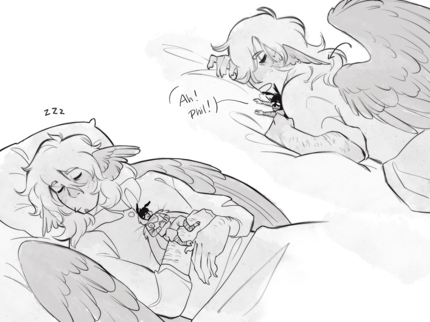 2boys, antennae, arm_hair, arthropod_boy, bird_boy, bird_wings, commentary, cuddling