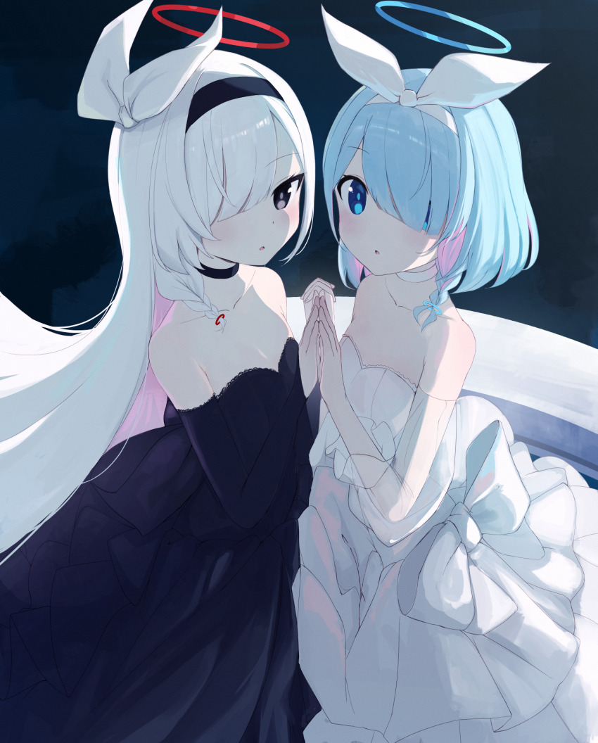 2girls, :o, alternate_costume, arona_(blue_archive), black_choker, black_dress, black_eyes, black_hairband