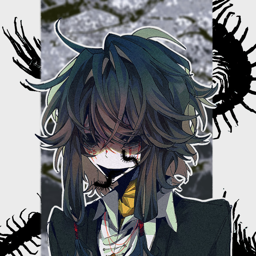 1boy, black_eyes, black_hair, black_jacket, bug, centipede, chinese_commentary, collared_shirt, commentary_request, film_grain, fuzhe_qunxiang, hair_between_eyes, insect_on_face, jacket, long_bangs, male_focus, messy_hair, open_mouth, outline, portrait, shirt, short_hair_with_long_locks, smile, solo, touqi_guaitan, white_outline, white_shirt, ziche_fuzhao