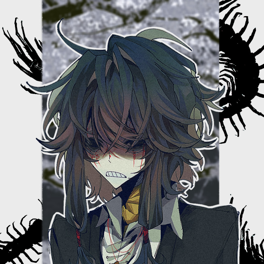 1boy, black_eyes, black_hair, black_jacket, chinese_commentary, clenched_teeth, closed_mouth, collared_shirt, commentary_request, film_grain, fuzhe_qunxiang, hair_between_eyes, jacket, long_bangs, male_focus, messy_hair, outline, portrait, shirt, short_hair_with_long_locks, solo, teeth, touqi_guaitan, white_outline, white_shirt, ziche_fuzhao