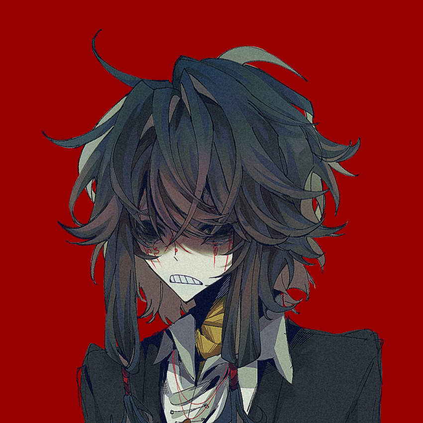 1boy, black_eyes, black_hair, black_jacket, chinese_commentary, clenched_teeth, closed_mouth, collared_shirt
