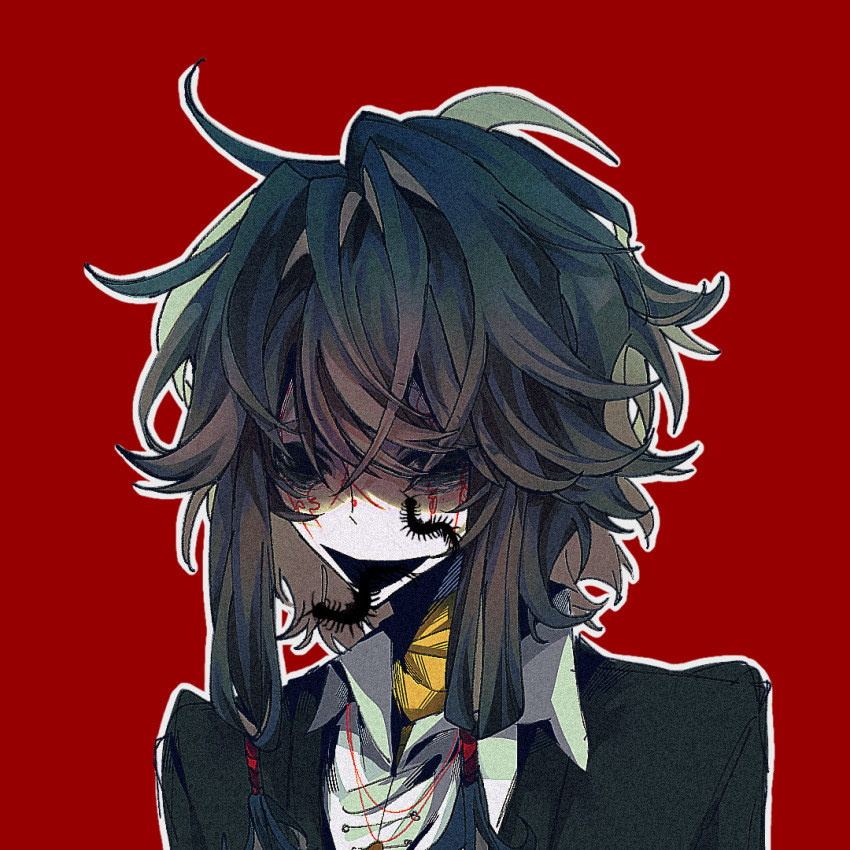 1boy, black_eyes, black_hair, black_jacket, bug, centipede, chinese_commentary, collared_shirt