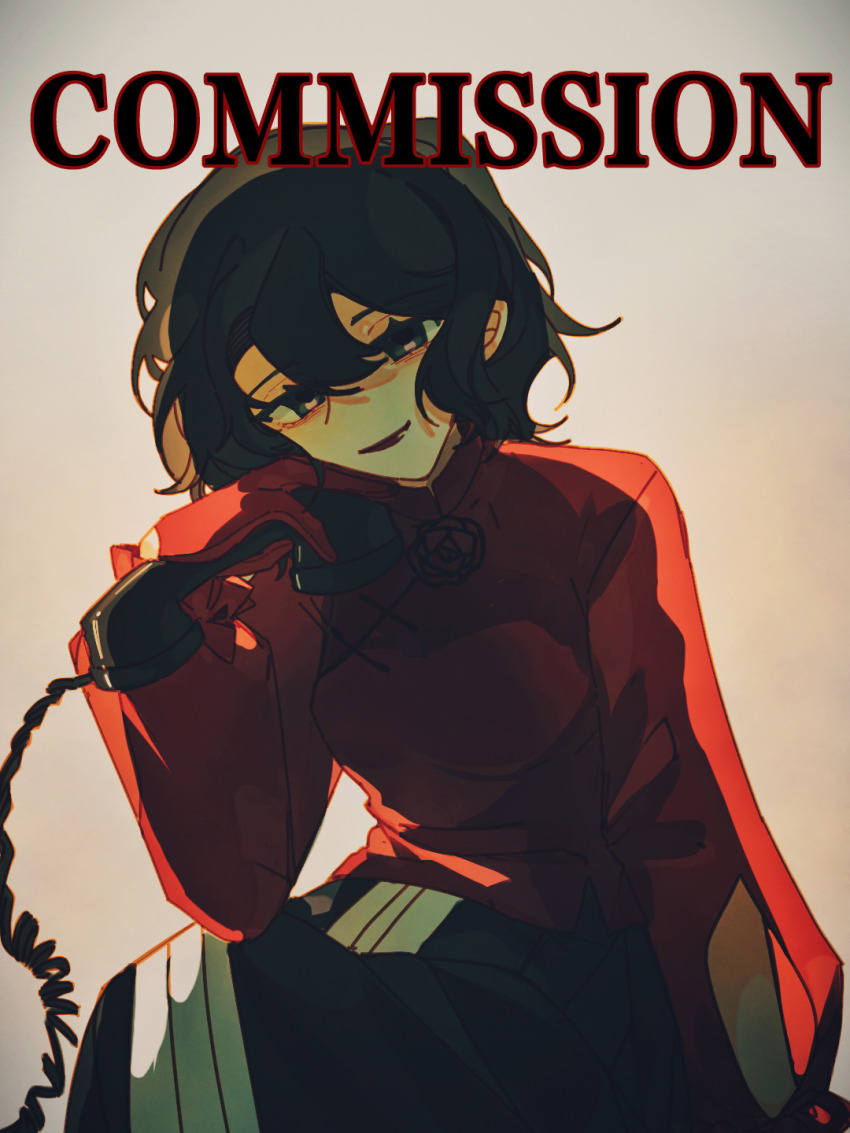 1girl, black_eyes, black_hair, black_skirt, breasts, chinese_clothes, chinese_commentary, closed_mouth