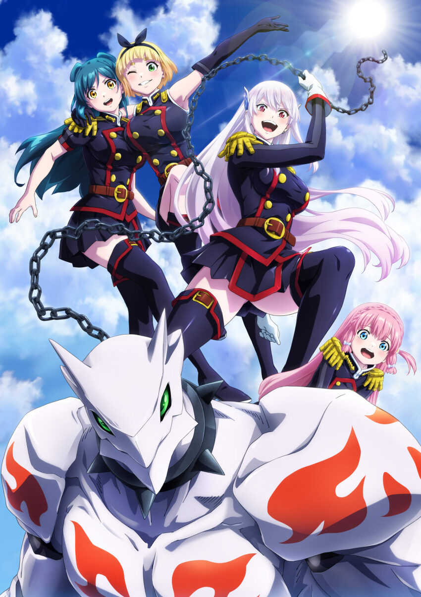 1boy, 4girls, absurdres, anti-demon_corps_uniform, azuma_himari_(mato_seihei_no_slave), black_shirt, black_skirt, blonde_hair