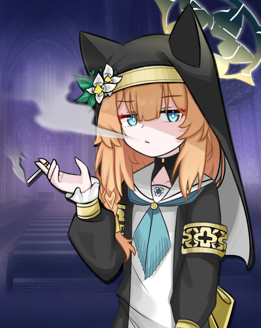 1girl, absurdres, animal_ear_headwear, aqua_neckerchief, black_hat, blue_archive, blue_eyes, braid