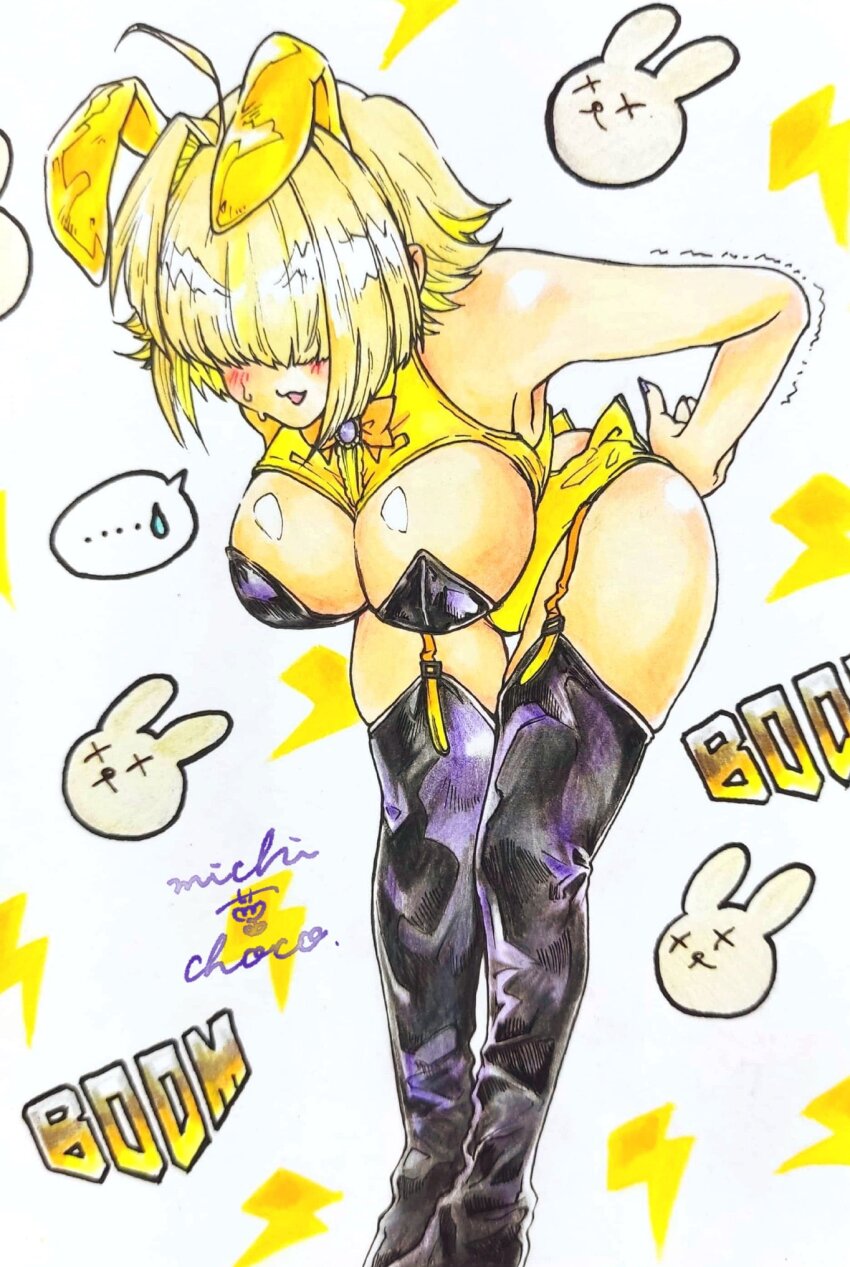 1girl, ahoge, animal_ears, artist_name, black_leotard, black_thighhighs, blonde_hair, bow, bowtie, breasts, crop_top, elegg_(nikke), fake_animal_ears, goddess_of_victory:_nikke, hair_intakes, hair_over_eyes, highres, large_breasts, leaning_forward, legwear_garter, leotard, long_bangs, michikusa_choco, multicolored_hair, orange_bow, orange_bowtie, playboy_bunny, purple_eyes, rabbit_ears, short_hair, solo, strapless, strapless_leotard, suspenders, thigh_strap, thighhighs, traditional_media, two-tone_hair, yellow_leotard