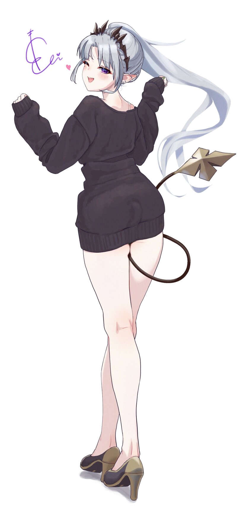 1girl, absurdres, alternate_costume, black_dress, black_horns, black_sweater, blush, brown_footwear