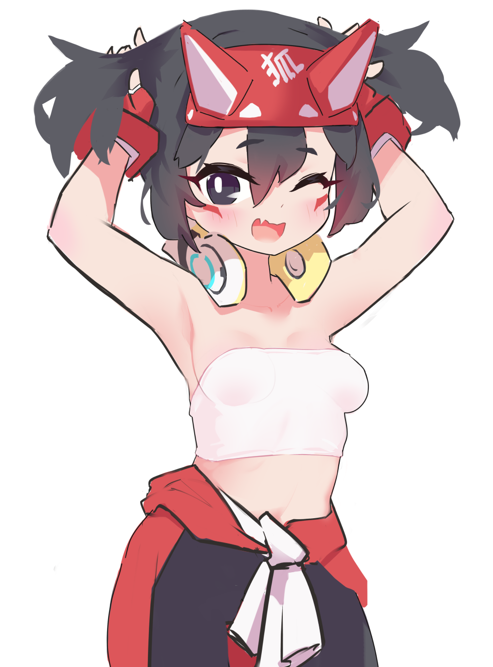 1girl, aged_down, armpits, bare_shoulders, blush, breasts, fingerless_gloves, gloves, green_hair, highres, kiriko_(overwatch), loli, midriff, nanaya_(mokapls), overwatch, short_hair, simple_background, small_breasts