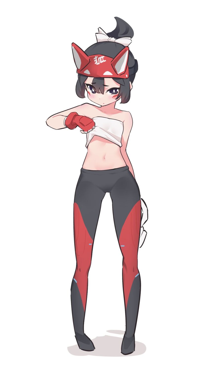 1girl, absurdres, aged_down, bare_shoulders, blush, crop_top, fingerless_gloves, flat_chest, gloves, green_hair, highres, kiriko_(overwatch), loli, midriff, nanaya_(mokapls), overwatch, short_hair, simple_background