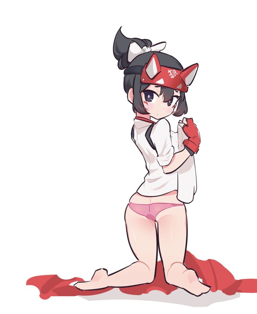 1girl, aged_down, blush, fingerless_gloves, gloves, green_hair, highres, kiriko_(overwatch), loli, looking_back, nanaya_(mokapls), overwatch, panties, pink_panties, short_hair, simple_background, underwear