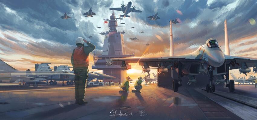 6+boys, aircraft, aircraft_carrier, aircraft_marshaller, airplane, chengdu_j-20, cloud, cloudy_sky