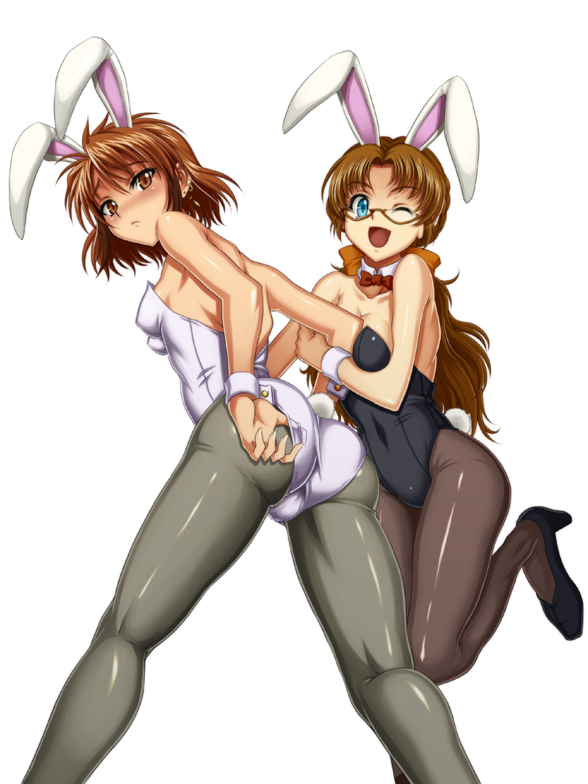 2girls, animal_ears, ass, banpresto, blue_eyes, blush, brown_eyes, brown_hair
