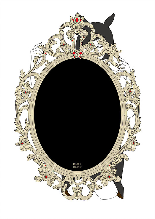 1girl, animal_ears, black_hair, black_mirror, black_nails, black_skirt, character_request, copyright_name