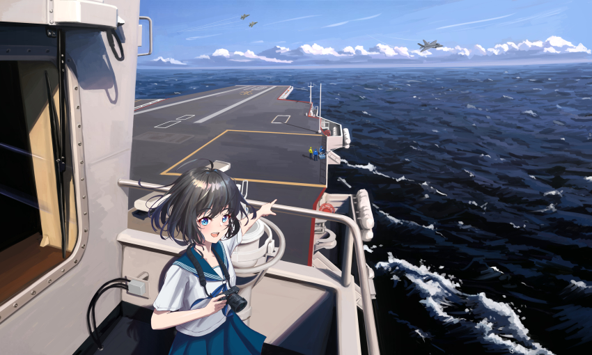 1girl, 3others, :d, absurdres, ahoge, aircraft, aircraft_carrier, airplane