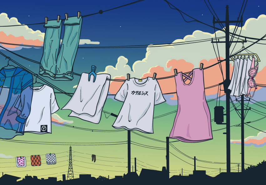 blue_jacket, blue_pants, bra, clothes_focus, clothes_pin, clothesline, cloud, dress, house, illustratorkisa, jacket, laundry, no_humans, original, pants, pink_bra, pink_dress, shirt, skyline, star_(sky), t-shirt, towel, twilight, underwear, utility_pole, white_shirt
