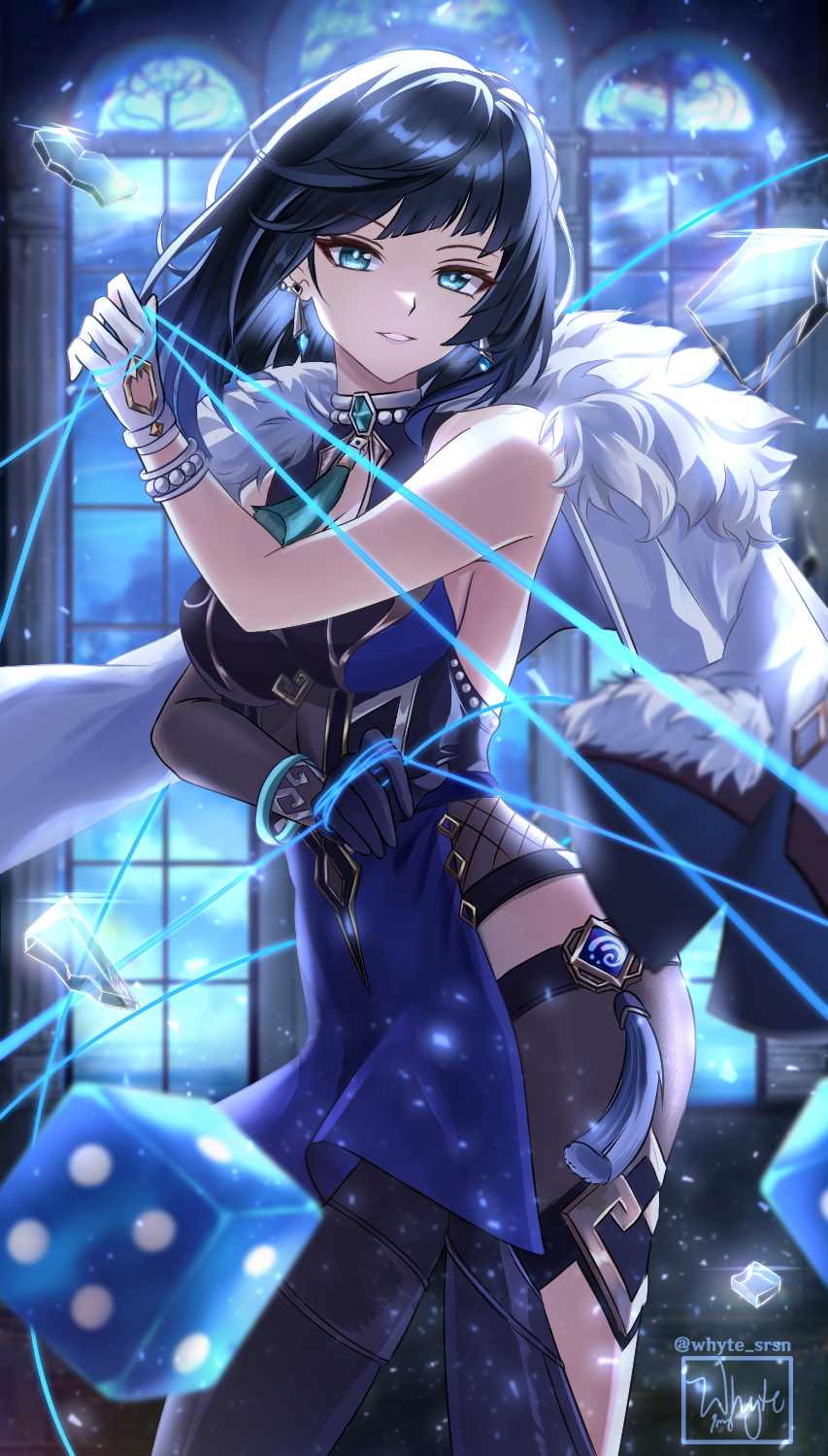 1girl, aqua_eyes, ass, asymmetrical_gloves, bare_shoulders, bead_choker, black_hair, blue_background