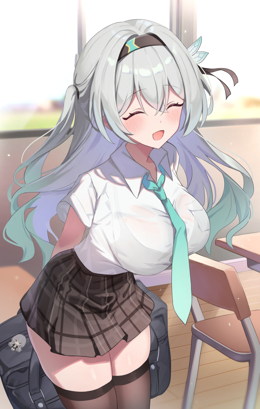 1girl, ^_^, absurdres, alternate_breast_size, alternate_costume, alternate_hairstyle, aqua_necktie, arms_behind_back