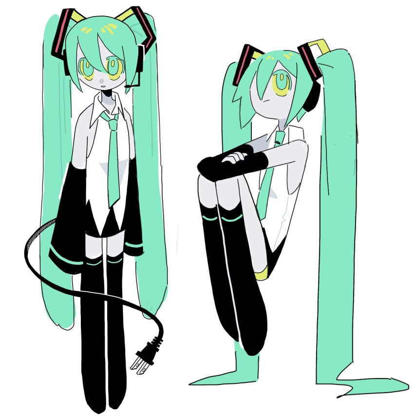 1girl, black_footwear, black_skirt, black_sleeves, boots, closed_mouth, collared_shirt, colored_sclera, colored_skin, detached_sleeves, electric_plug, electric_plug_tail, full_body, green_eyes, green_hair, green_necktie, grey_skin, hair_ornament, hatsune_miku, headset, highres, jbs0, long_hair, long_sleeves, looking_at_viewer, looking_up, loose_necktie, miniskirt, multiple_views, necktie, parted_lips, shirt, skirt, sleeveless, sleeveless_shirt, tail, thigh_boots, twintails, very_long_hair, vocaloid, white_shirt, yellow_pupils, yellow_sclera