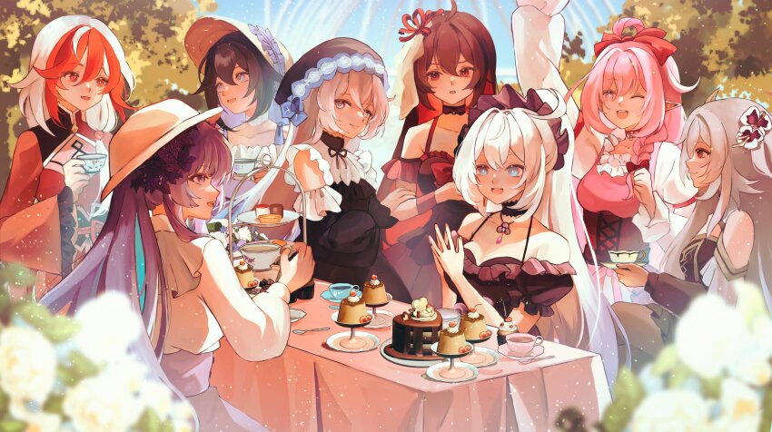 6+girls, bare_shoulders, black_dress, black_hair, black_hat, blue_eyes, blue_sky, breasts