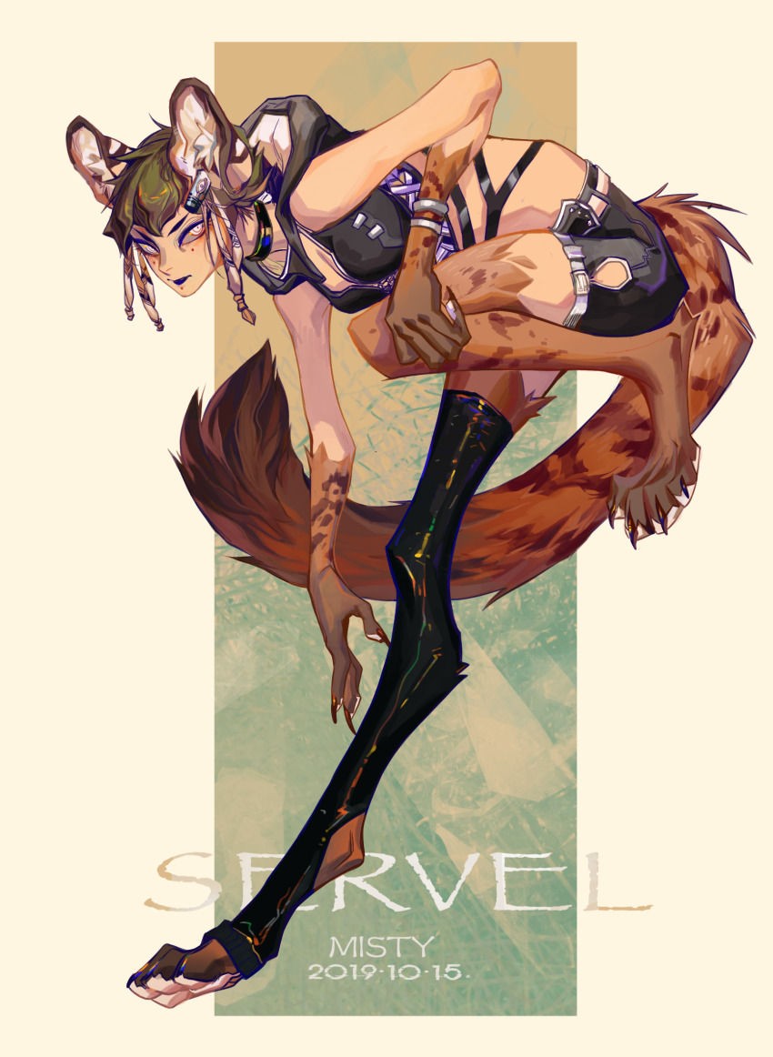 1girl, animal_ear_fluff, animal_ears, animal_hands, animal_legs, artist_name, black_collar, black_jacket, black_shorts, blue_lips, bracelet, breasts, cat_ears, cat_girl, cat_tail, chest_harness, cleavage, collar, colored_extremities, cropped_jacket, dated, digitigrade, facial_mark, from_side, full_body, green_hair, harness, highres, jacket, jewelry, leg_up, looking_at_viewer, misty922, monster_girl, original, pink_eyes, ringed_eyes, serval, short_hair, shorts, single_thighhigh, solo, tail, thighhighs, tsurime