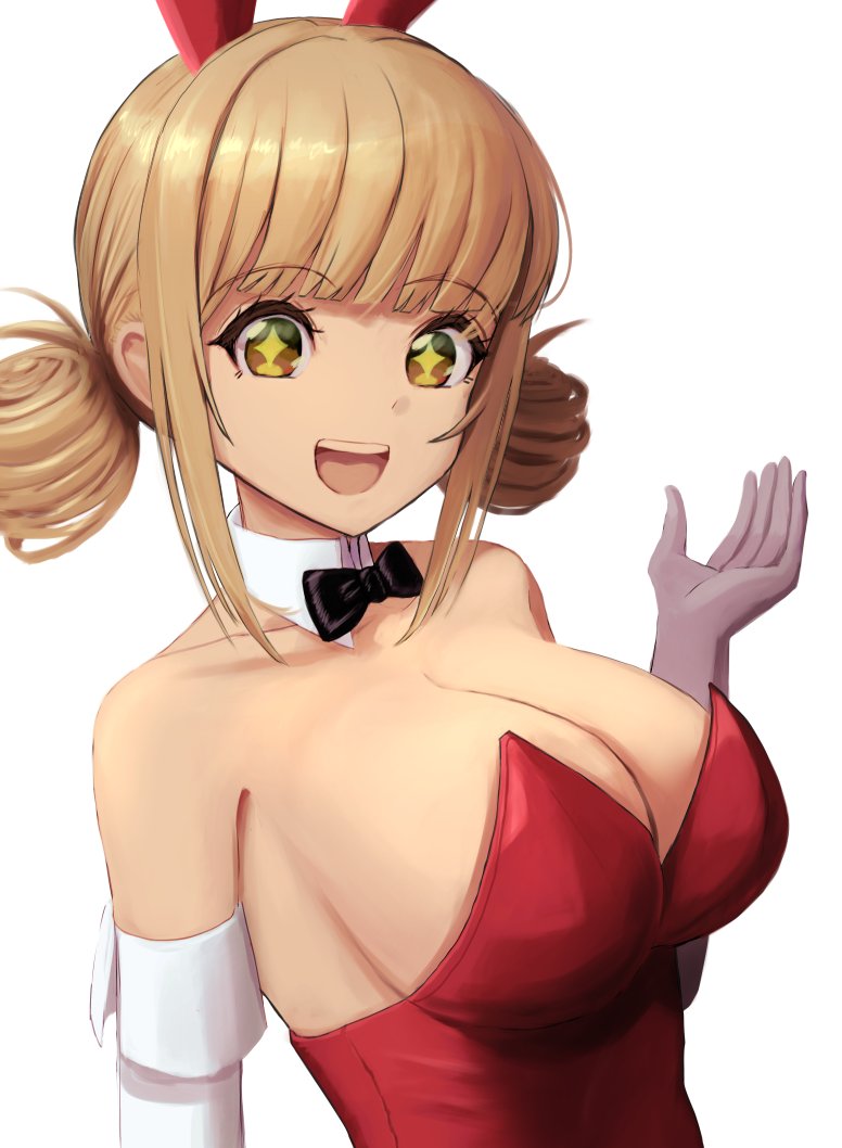 1girl, :d, animal_ears, bare_shoulders, black_bow, black_bowtie, blonde_hair, blunt_bangs, bowtie, breasts, cleavage, collarbone, cross-shaped_pupils, detached_collar, elbow_gloves, fake_animal_ears, gloves, goddess_of_victory:_nikke, green_eyes, kano_hoshi, large_breasts, leotard, novel_(nikke), open_mouth, playboy_bunny, rabbit_ears, red_leotard, short_hair, short_twintails, sidelocks, smile, solo, strapless, strapless_leotard, symbol-shaped_pupils, twintails, white_gloves
