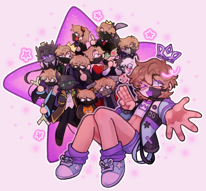 1girl, 2boys, 6+others, androgynous, blue_eyes, brown_hair, coat, cosplay