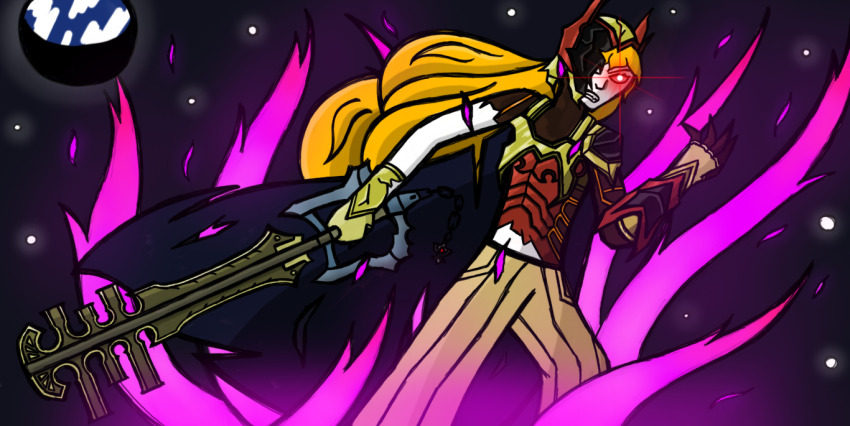 1girl, angry, armor, blonde_hair, breastplate, broken, broken_armor, broken_helmet