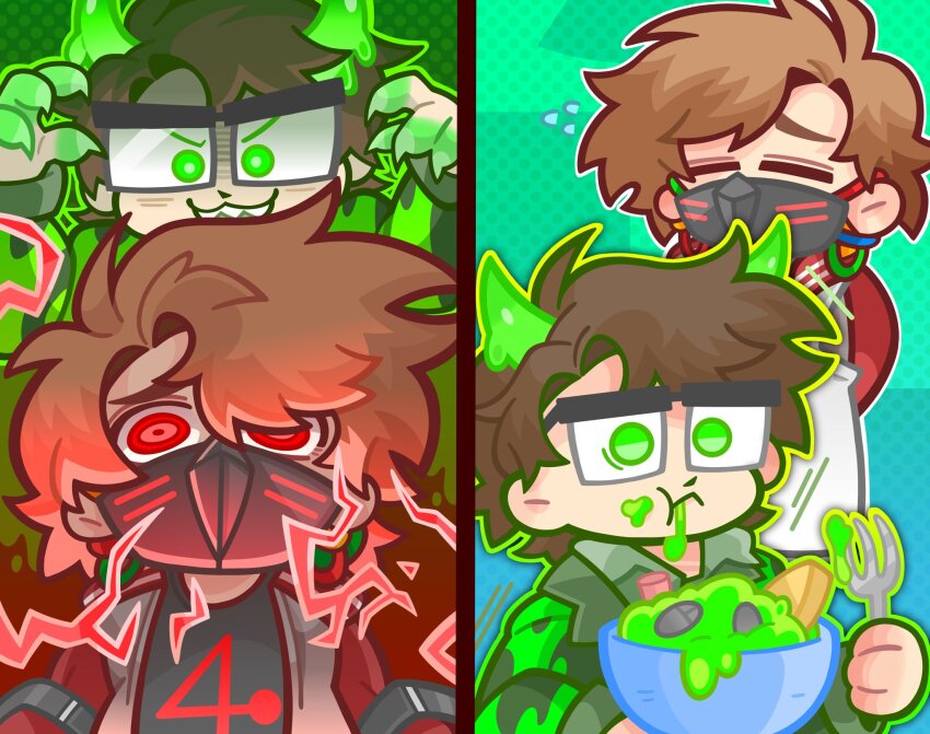 1boy, 1other, ahoge, androgynous, bowl, brown_hair, cable, chibi