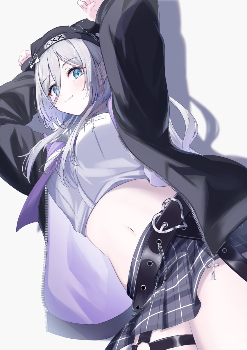 1girl, 717minami, animal_hat, arms_up, beanie, belt, black_belt, black_choker