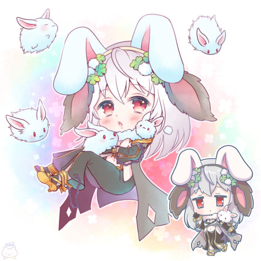 1girl, :3, absurdres, animal_ears, black_gloves, black_pants, blush, chain