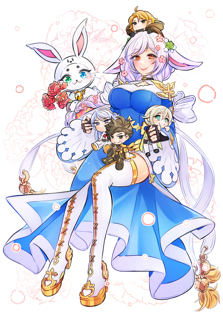 2girls, absurdres, animal_ears, animal_hood, arm_belt, belt, black_choker, black_gloves, blue_dress, blue_eyes, blush, boots, braid, breasts, cardinal_(ragnarok_online), cat_girl, character_doll, choker, cleavage_cutout, closed_mouth, clothing_cutout, commentary_request, cross, doll, dress, fingerless_gloves, flower, frilled_sleeves, frills, full_body, gloves, gold_footwear, gold_trim, golden_wings, green_eyes, heinrich_(ragnarok_online), heterochromia, high_heel_boots, high_heels, highres, hood, invisible_chair, king_schmidt, large_breasts, long_dress, long_hair, long_sleeves, looking_at_viewer, multiple_girls, noxxia39, oscar_(ragnarok_online), pink_flower, pink_hair, rabbit_ears, rabbit_hood, ragnarok_online, red_flower, red_rose, rose, side_slit, single_braid, sitting, smile, spirit_handler_(ragnarok_online), thigh_boots, two-tone_dress, varmunt, whiskers, white_background, white_belt, white_dress, white_flower, white_footwear, wide_sleeves, wings, yellow_eyes