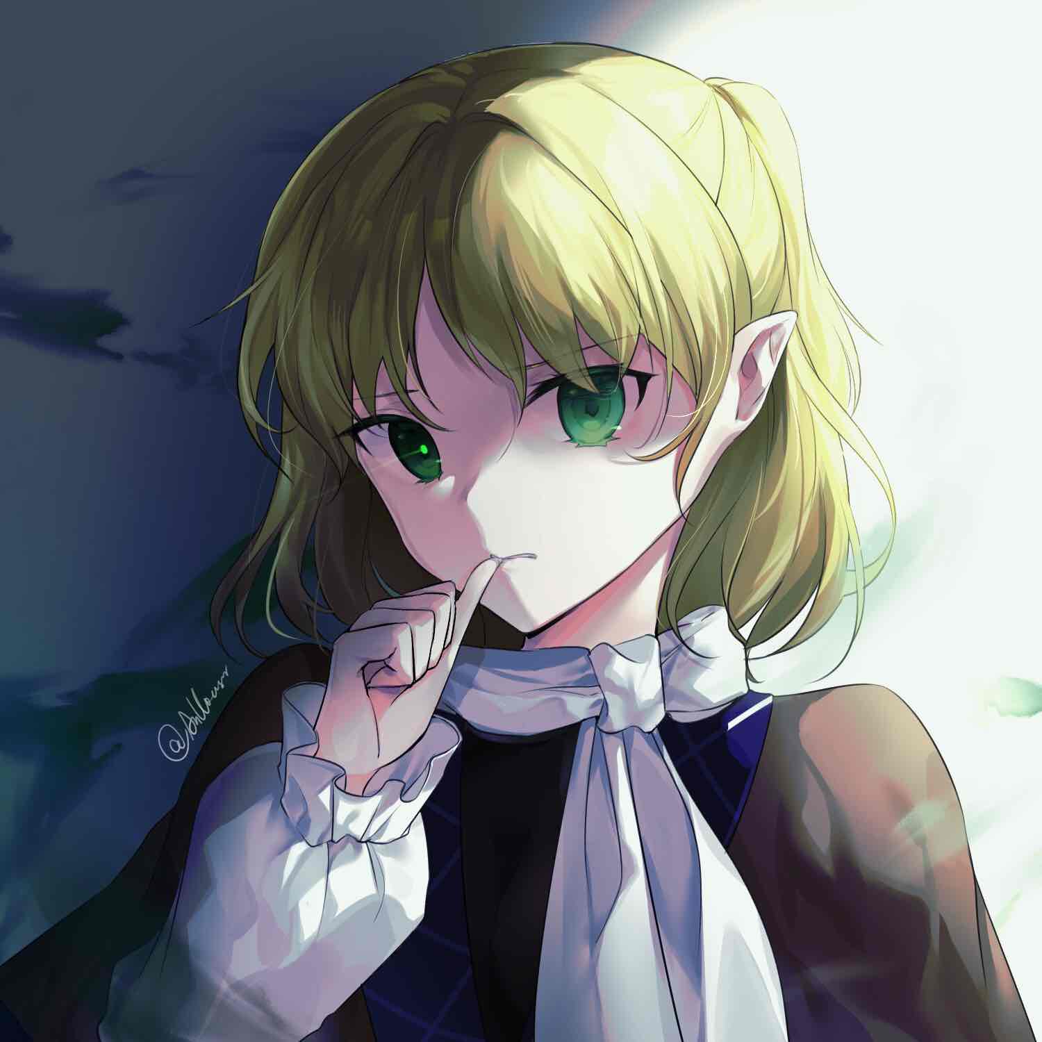 1girl, anllouser, arm_warmers, biting, biting_own_thumb, black_shirt, blonde_hair, brown_shirt