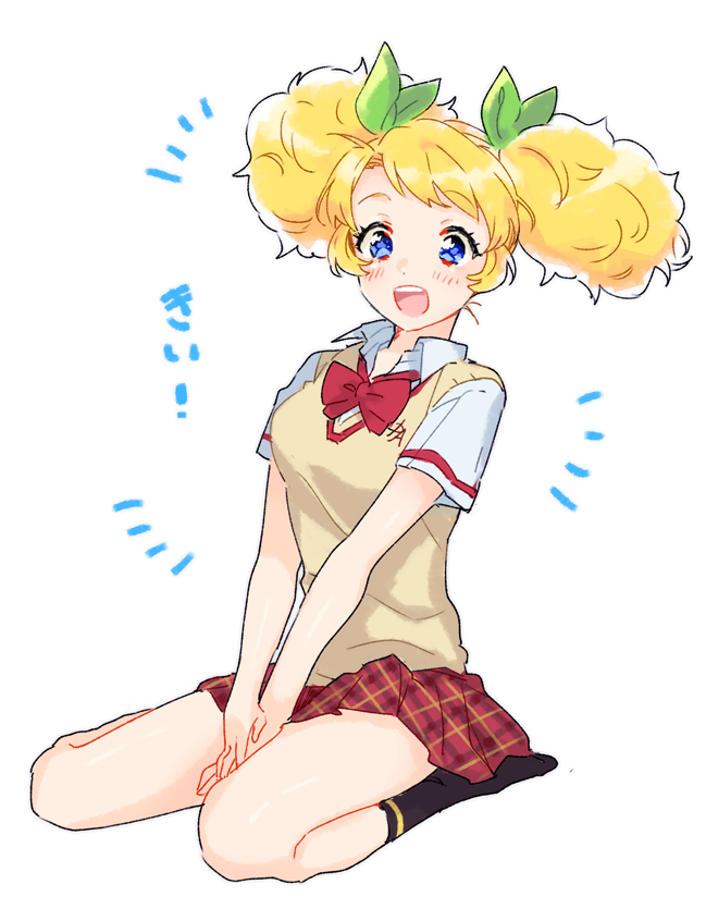 1girl, afro_puffs, aikatsu!_(series), black_socks, blonde_hair, blue_eyes, bow, brown_sweater_vest