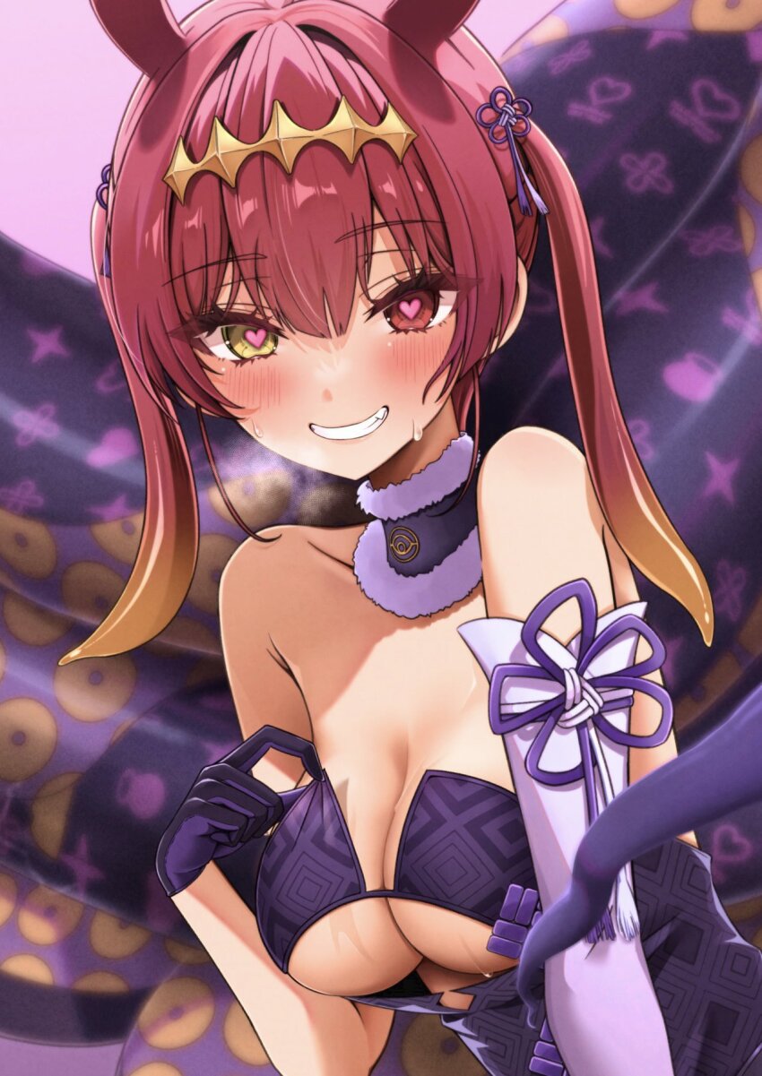 1girl, adjusting_dress, animal_ears, bare_shoulders, blush, breasts, breasts_day, breath, cleavage, clothes_pull, clothing_cutout, commentary, cosplay, cutout_above_navel, detached_collar, detached_sleeves, diamond_hairband, dress, dress_pull, extra_ears, flower_knot, fur-trimmed_collar, fur_trim, gloves, gradient_hair, grin, hair_intakes, hairband, heart, heart-shaped_pupils, heterochromia, highres, hololive, hololive_english, houshou_marine, leaning_forward, looking_at_viewer, medium_breasts, medium_hair, mt_mozuku, multicolored_hair, ninomae_ina'nis, ninomae_ina'nis_(1st_costume), ninomae_ina'nis_(cosplay), open_mouth, orange_hair, orange_hairband, purple_dress, purple_gloves, purple_ribbon, red_eyes, red_hair, ribbon, single_detached_sleeve, smile, solo, strapless, strapless_dress, sweat, untranslatable_commentary, symbol-shaped_pupils, teeth, tentacle_hair, tentacles, tube_dress, twintails, two-tone_hair, underboob, upper_body, upper_teeth_only, virtual_youtuber, white_ribbon, yellow_eyes
