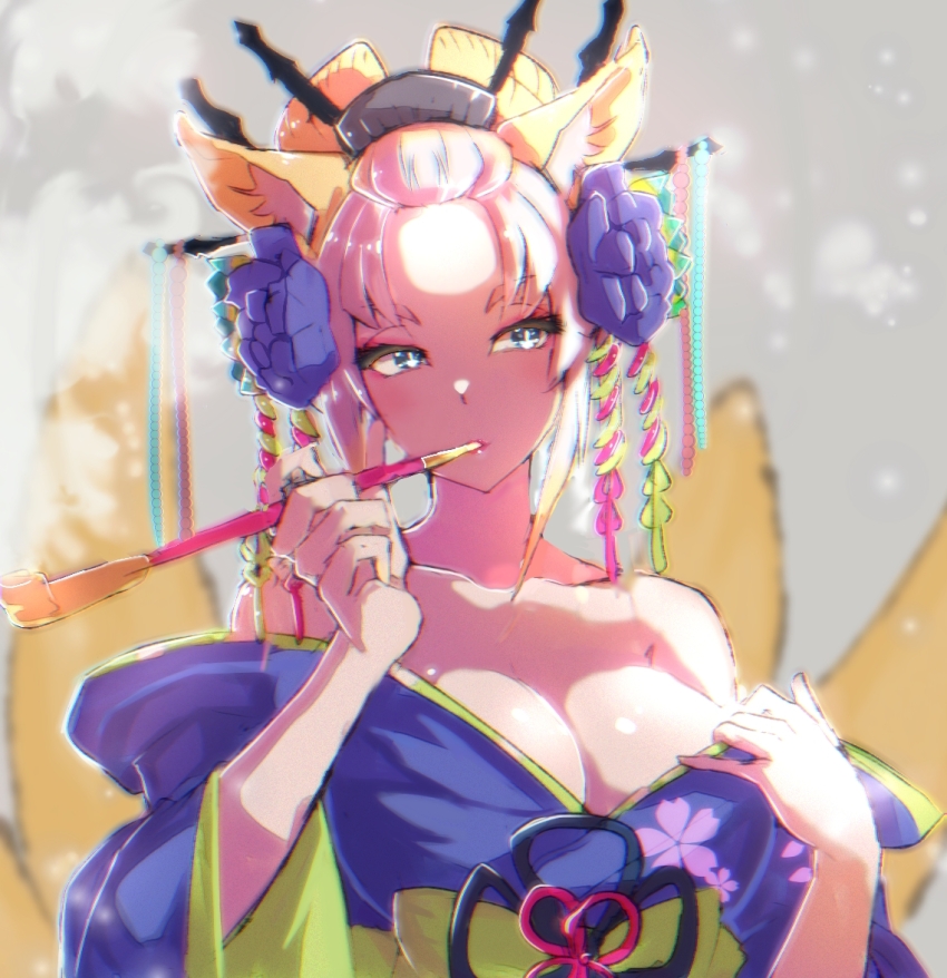 1girl, animal_ears, bare_shoulders, blonde_hair, blue_eyes, breasts, cherry_blossom_print, cleavage