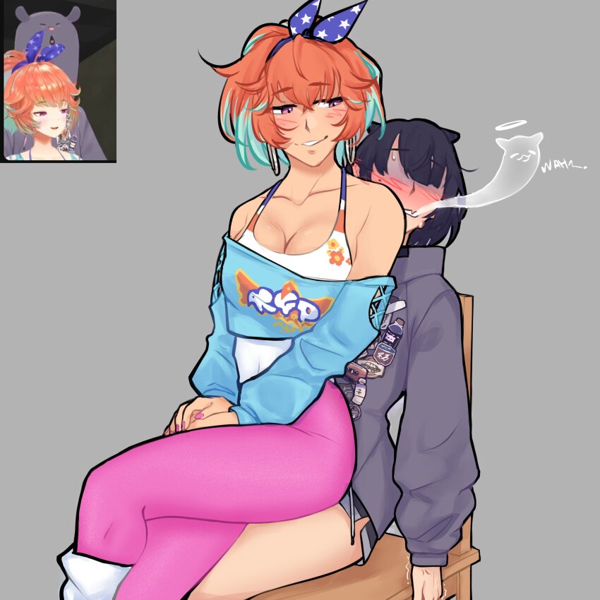 2girls, absurdres, blush, breasts, cleavage, giving_up_the_ghost, grey_background, highres