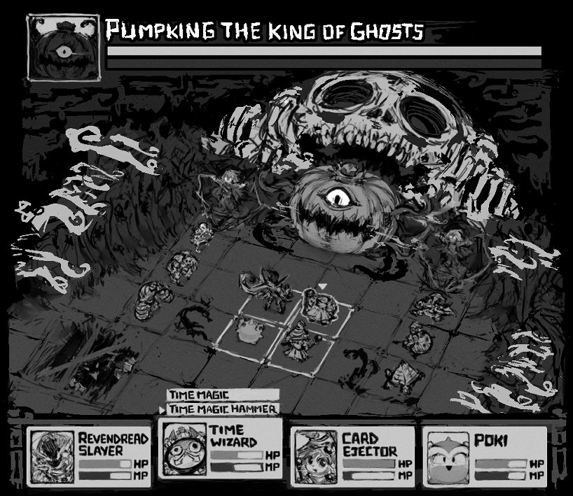 card_ejector, character_name, character_request, commentary, crass_clown, crown, cyclops, duel_monster, english_commentary, english_text, fake_screenshot, greyscale, health_bar, inawon, monochrome, one-eyed, open_mouth, poki_draco, pumpkin, pumpking_the_king_of_ghosts, pyramid_turtle, skull, smoke, time_wizard, yu-gi-oh!