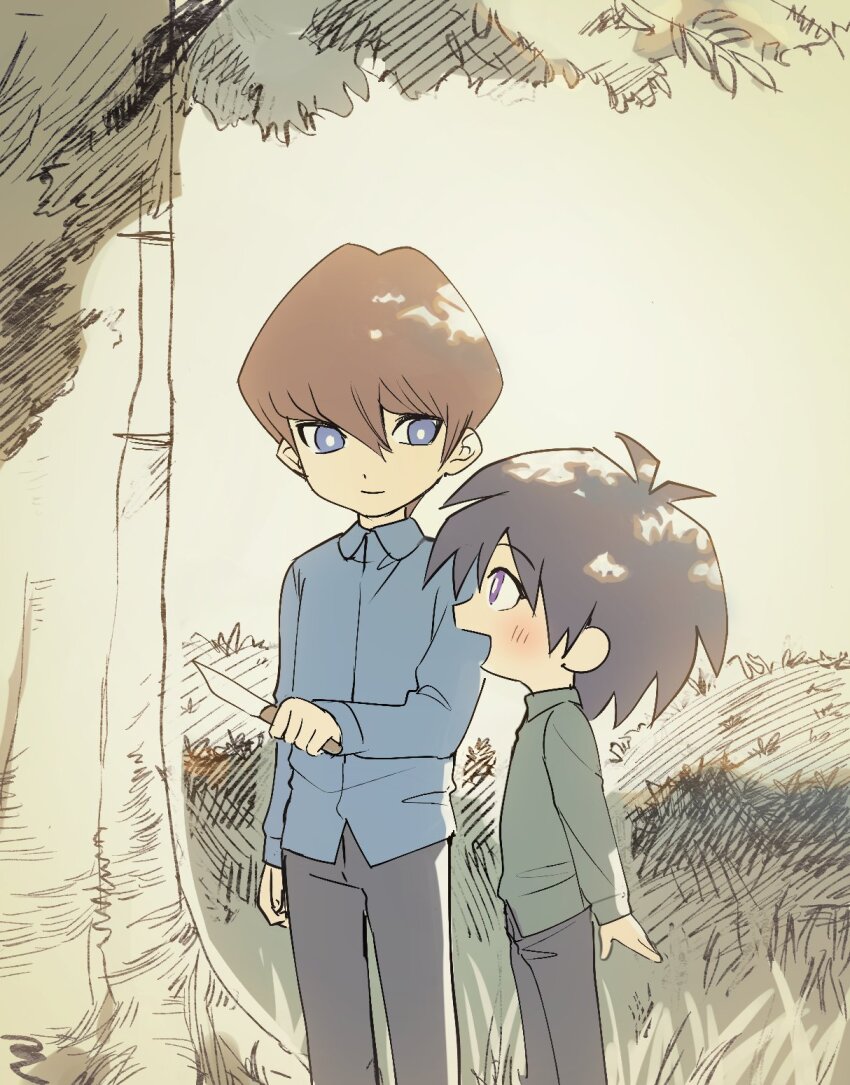 2boys, black_hair, blue_eyes, blue_shirt, blush, brothers, brown_hair, child