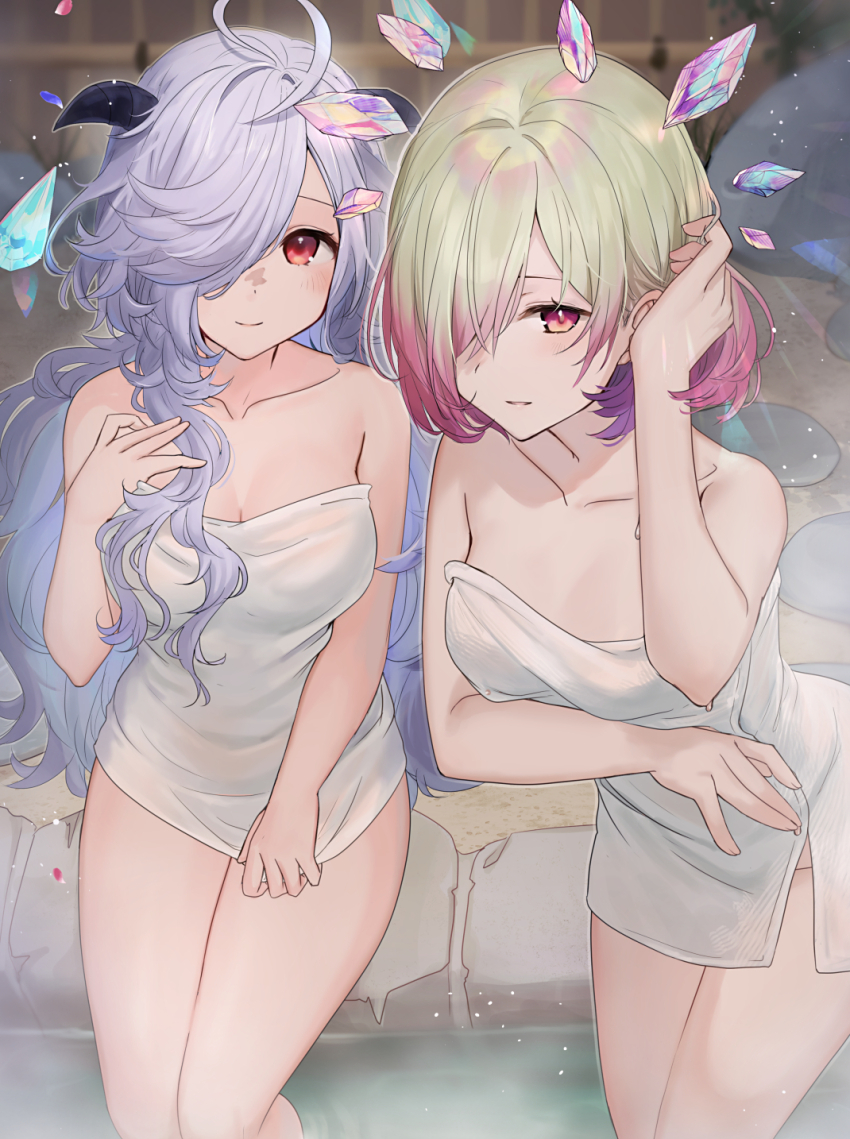 2girls, ahoge, breasts, cleavage, eitr_(fire_emblem), facial_mark, fire_emblem, fire_emblem_heroes, floating, floating_object, gradient_hair, green_hair, grey_hair, hair_over_one_eye, haru_(nakajou-28), highres, kvasir_(fire_emblem), leaning_forward, long_hair, looking_at_viewer, medium_breasts, multicolored_hair, multiple_girls, naked_towel, nintendo, onsen, red_eyes, red_hair, short_hair, sitting, smile, thighs, towel, two-tone_hair, very_long_hair