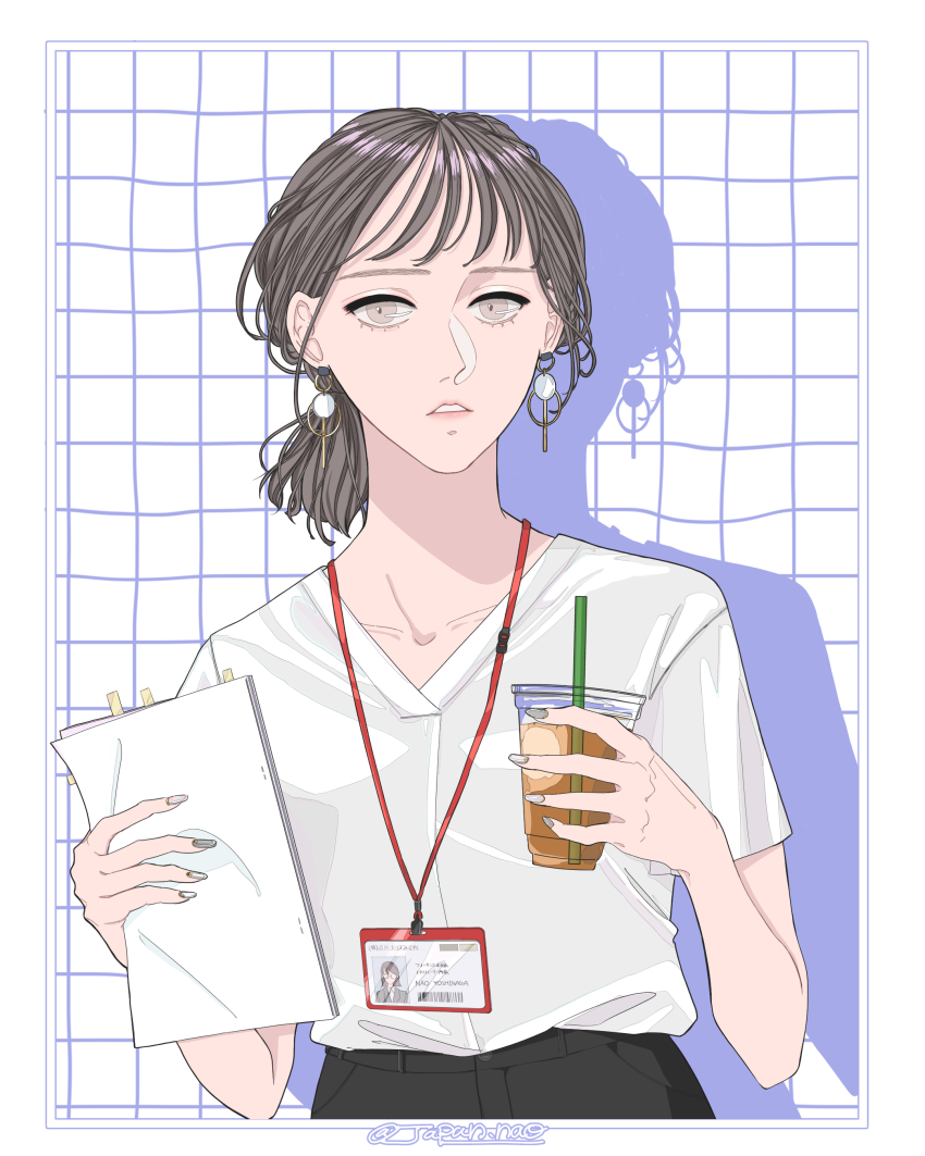 1girl, absurdres, black_hair, border, brown_hair, collarbone, cup, drop_shadow