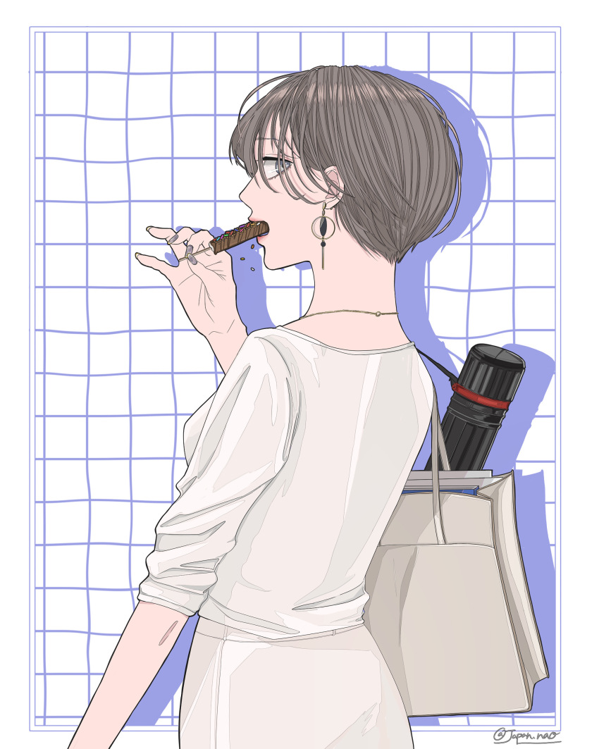 1girl, absurdres, bag, border, detached_lens, drop_shadow, earrings, eyelashes