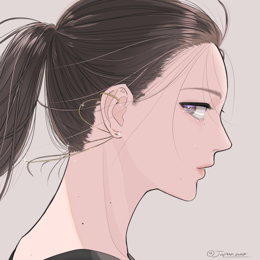 1girl, brown_hair, earrings, eyelashes, grey_background, grey_eyes, highres, jewelry, long_hair, looking_at_viewer, loose_hair_strand, mole, mole_on_neck, naoyoshinaga, original, parted_lips, ponytail, portrait, profile, simple_background, solo, tears, twitter_username, upper_body