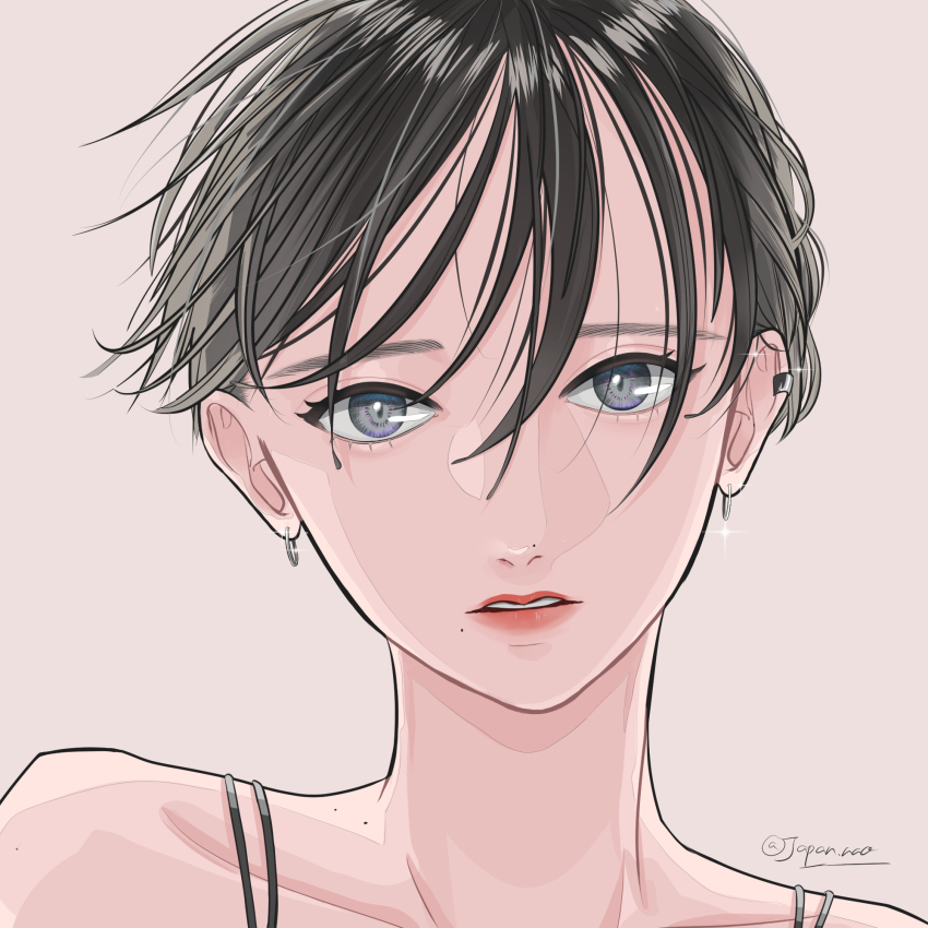 1girl, black_hair, collarbone, earrings, eyelashes, grey_background, grey_eyes, highres